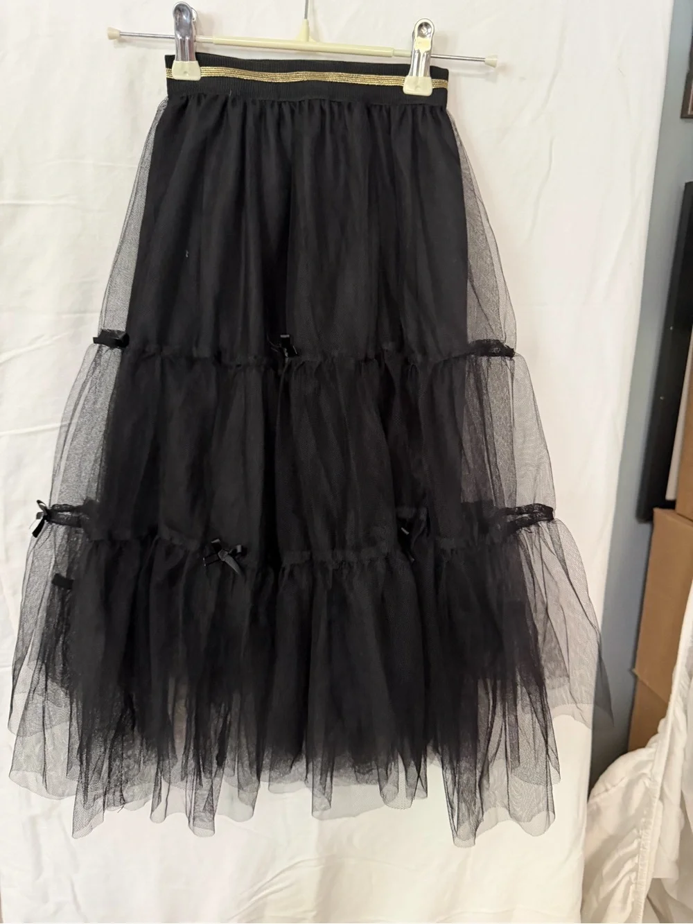 Black Tiered Tulle Midi Skirt with Ribbon Accents